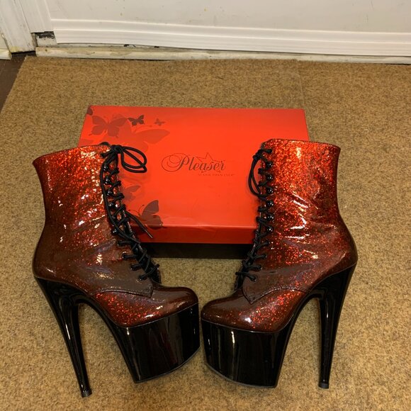 Pleaser ADORE Red Glitter Patented Ombre 7" Platform Stiletto Heel Lace Up Boots - Picture 7 of 16